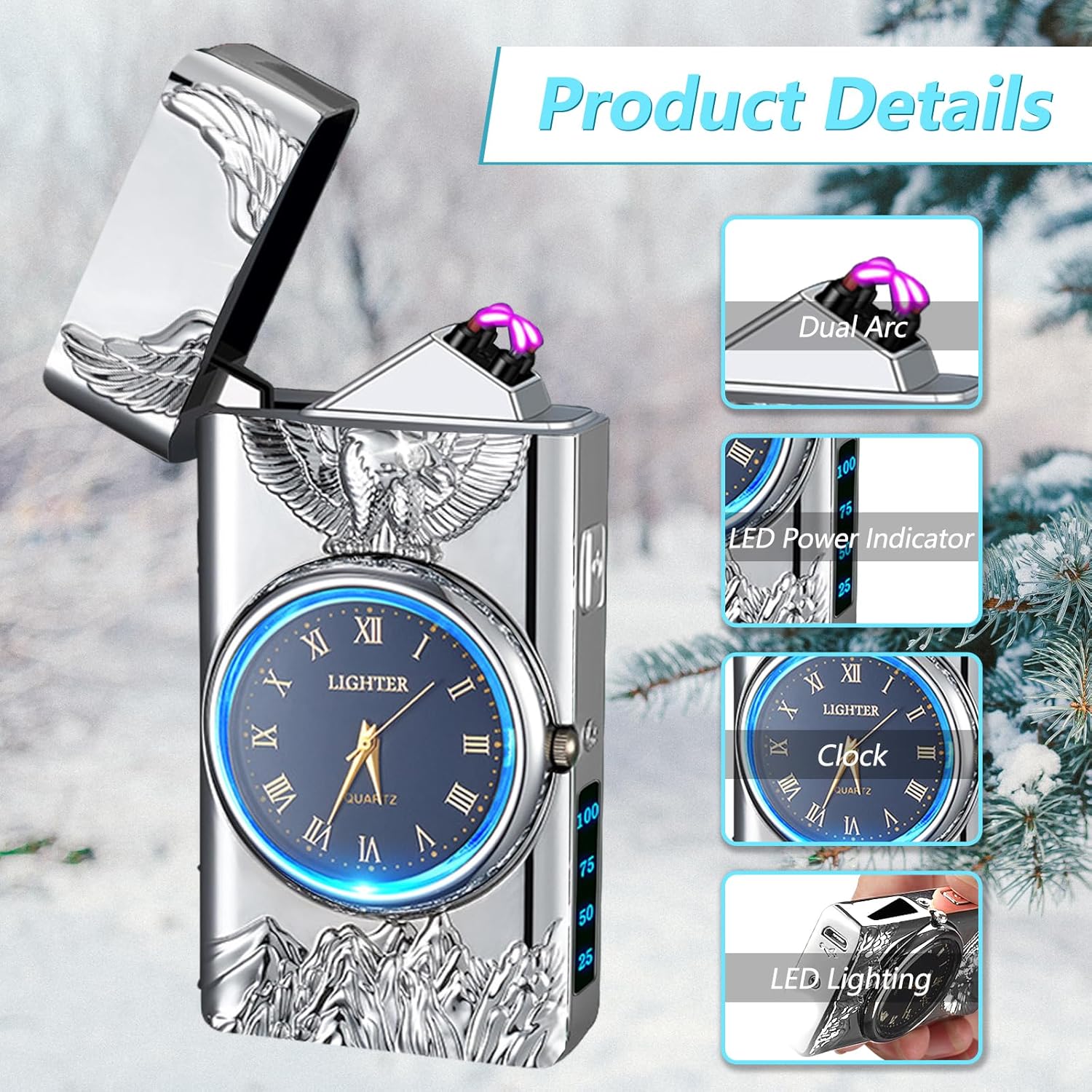 Electric Lighter with Clock YOZWOO USB Rechargeable Lighter with LED Light, Plasma Dual Arc Lighters with LED Power Display for Candle, Cool Lighters Gifts for Men and Women (Silver-Eagle)