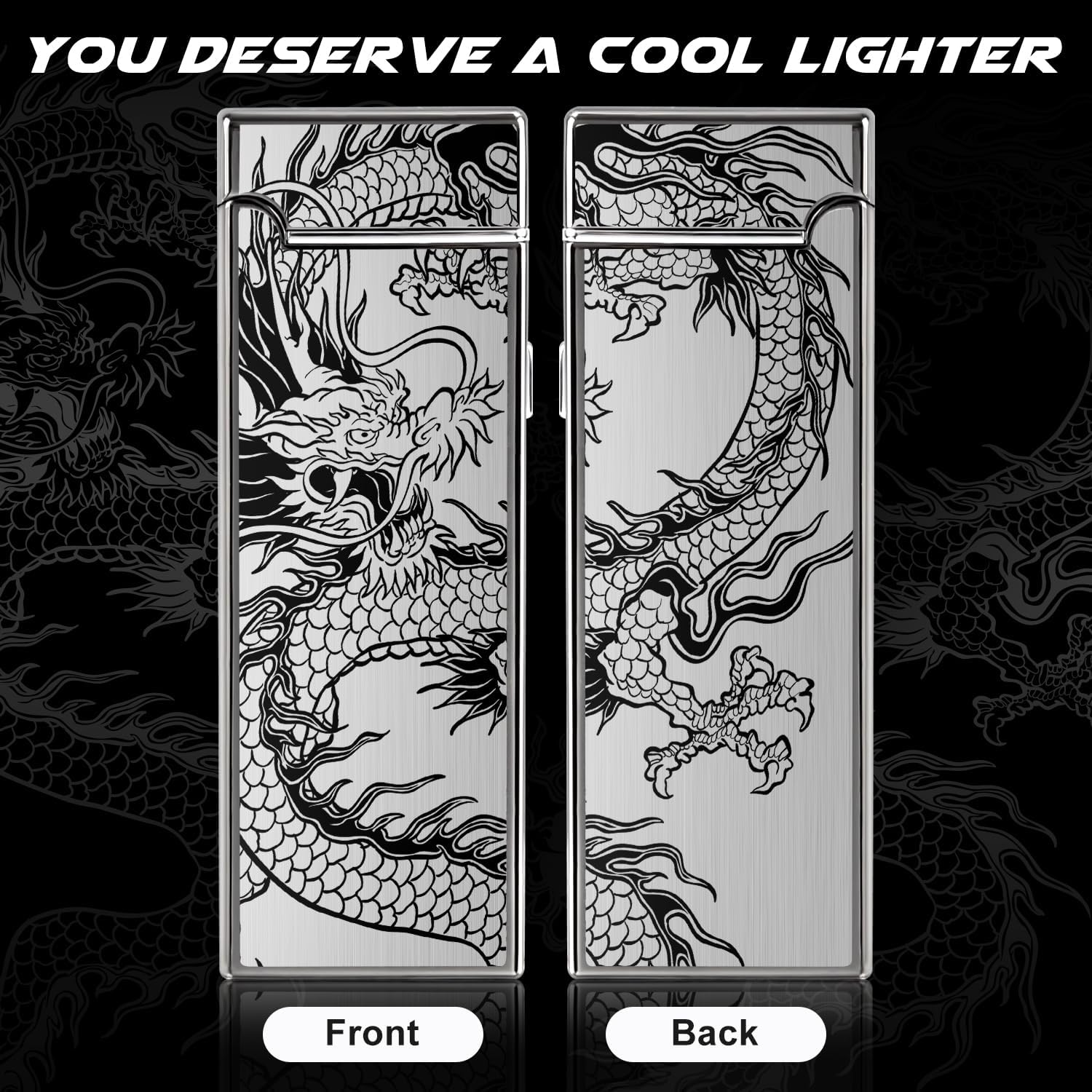 LcFun Electric USB Rechargeable Lighter, Windproof Plasma Dual Arc Lighter with LED Battery Indication, Flameless Cool Lighters Gifts for Men Fathers Husband (Black Dragon)