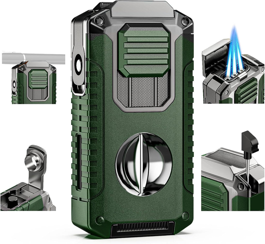 5-in-1 Torch Lighter with Cutter, Punch, Holder, and Draw Enhancer Tool, Triple Windproof Flame, All-in-one Lighter with Multi-Functional Accessory, Refillable Butane Lighter with Gift Box for Men