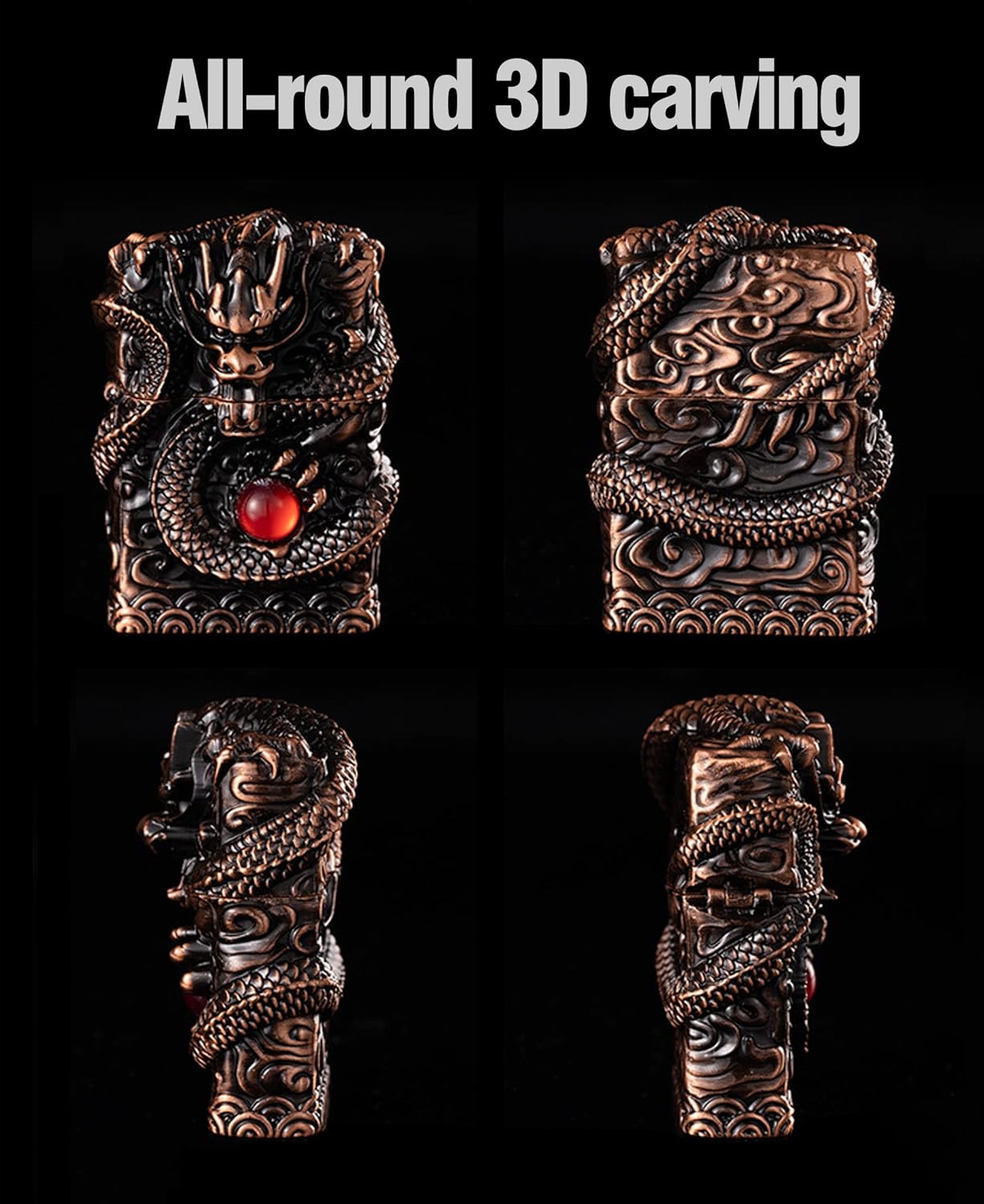Cool Lighters, Windproof Carving Dragon Antique Lighter, Reusable Kerosene Grinding Wheel Lighter for Collection, Decorative, Gift, Present (Without Fuel) (Bronze)