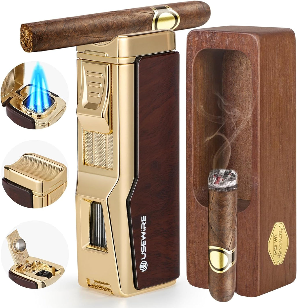 Cigar Lighter and Ashtray Set, Quad Windproof Jet Flame, with Cigar Holder and Cigar Punch, Refillable Butane Gas Lighter, Multifunctional Cigar Accessories Gift Set