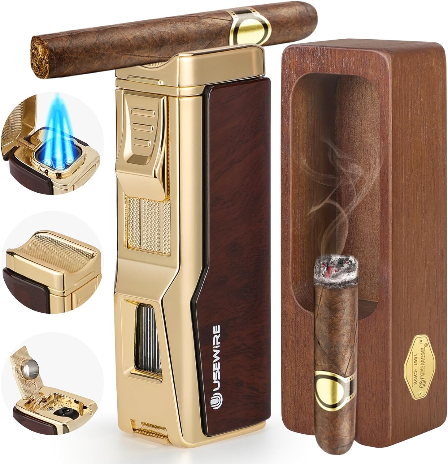 Cigar Lighter and Ashtray Set, Quad Windproof Jet Flame, with Cigar Holder and Cigar Punch, Refillable Butane Gas Lighter, Multifunctional Cigar Accessories Gift Set