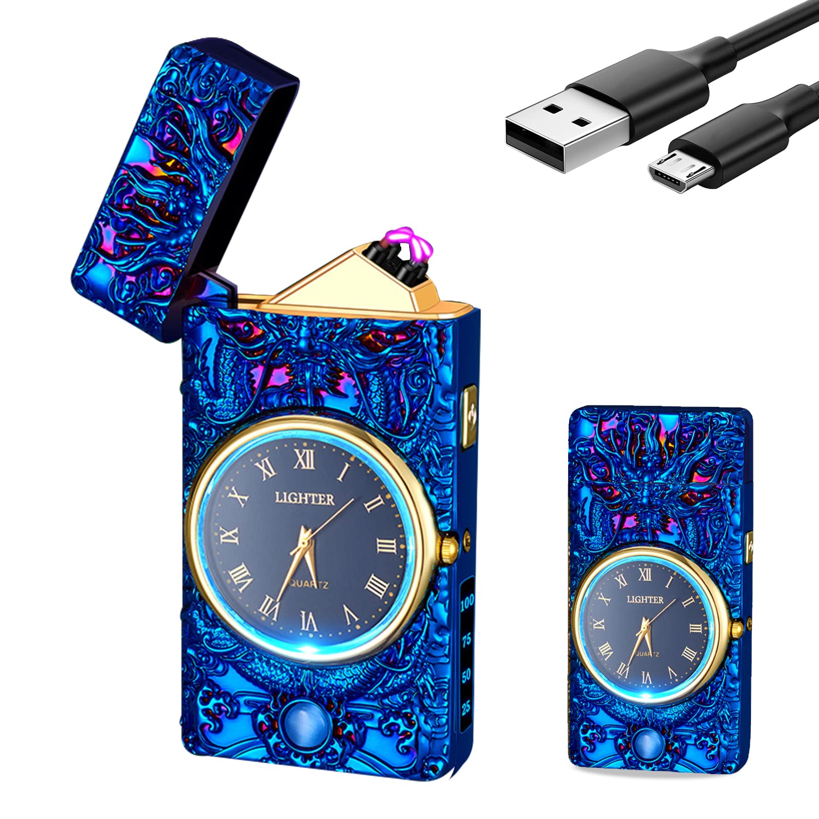 Electric Lighter with Clock YOZWOO USB Rechargeable Lighter with LED Light, Plasma Dual Arc Lighters with LED Power Display for Candle, Cool Lighters Gifts for Men and Women (Silver-Eagle)