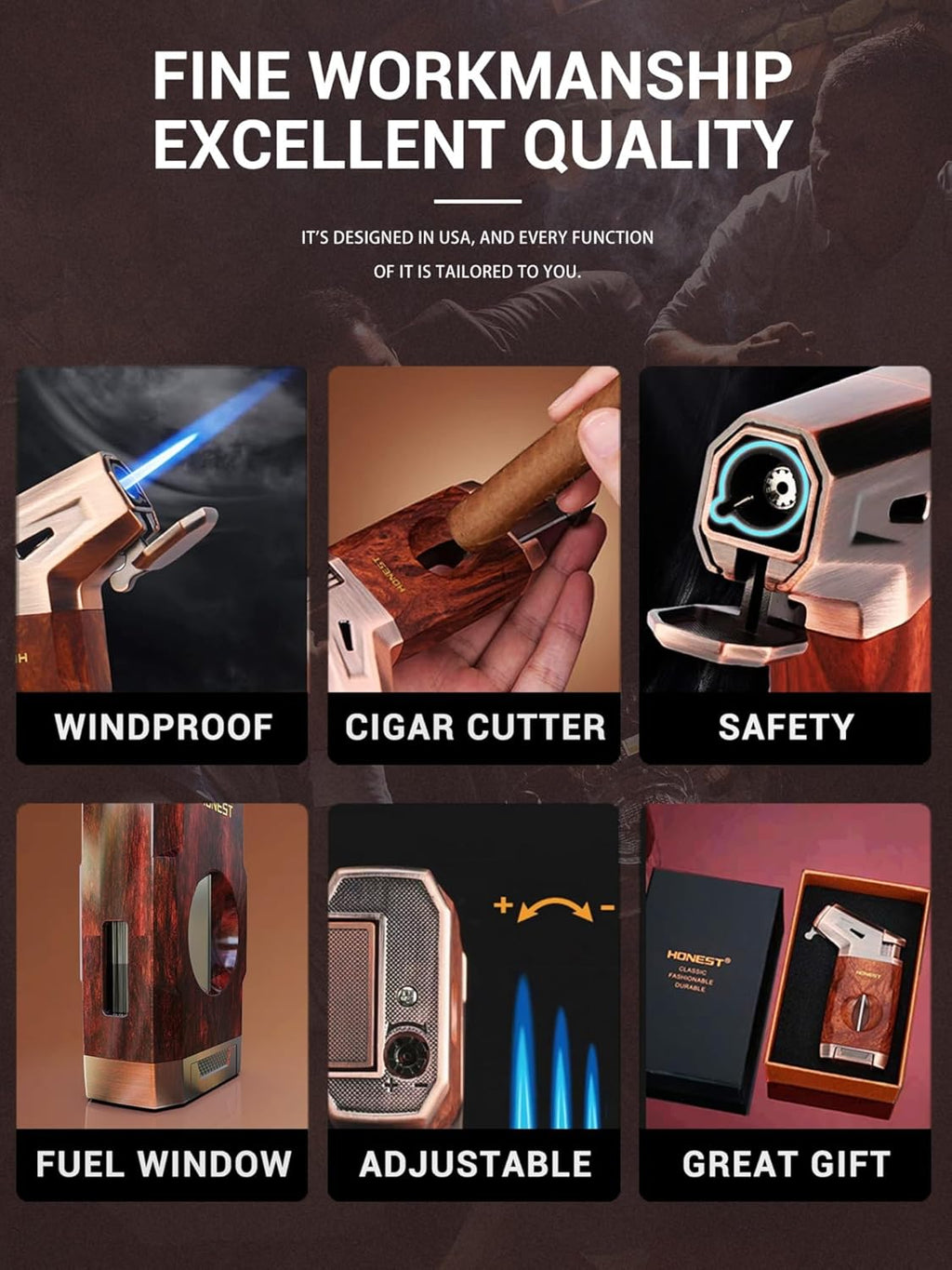 Butane Torch Lighter with V Cutter, Windproof Jet Flame Lighter Torch Refill, Adjustable Refillable Butane Lighter Gifts for Men, with Fuel Window, Fuel not Include