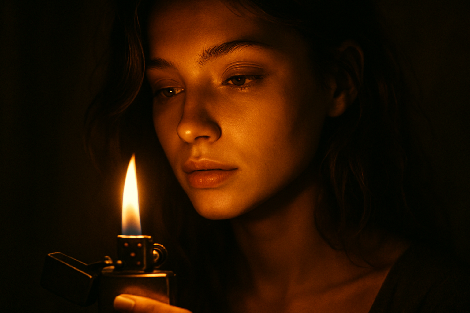 beautiful girl face next to zippo flame